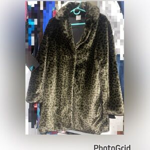 NEW LAUNDRY SHELLI SEGAL FAUX FUR GREEN LEOPARD COAT